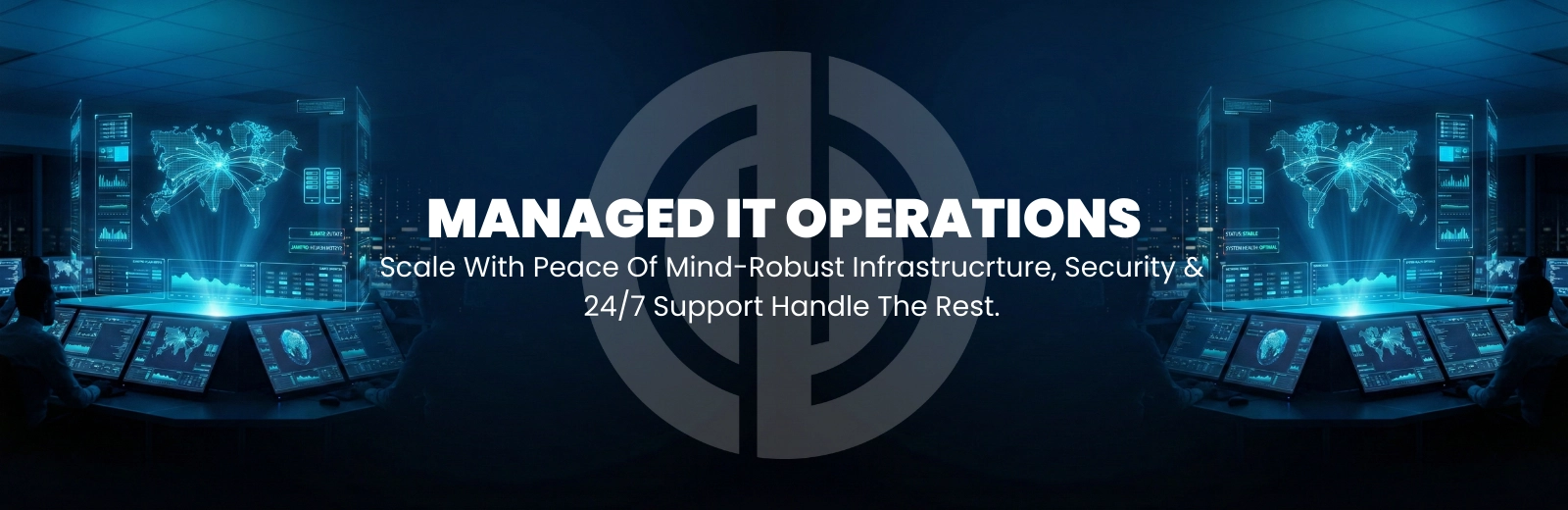 Managed IT and hosting banner with server network graphics and 24/7 support tagline.